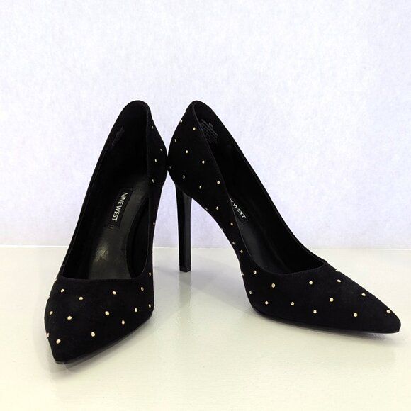 NIB Nine West Tiger Shark Black Suede Studded Pointy Toe Pumps Size 8.5 M - Picture 3 of 7